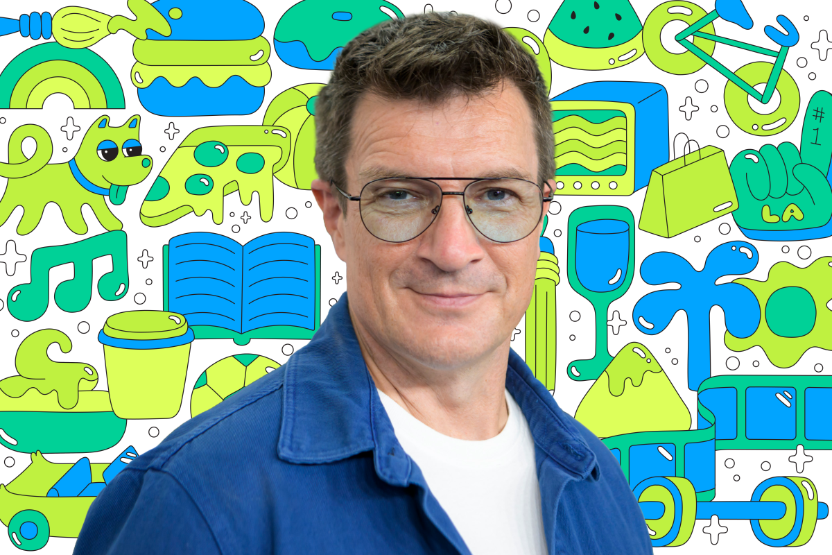 Photo of a person on a background of colorful illustrations like a book, dog, pizza, TV, shopping bag, and more