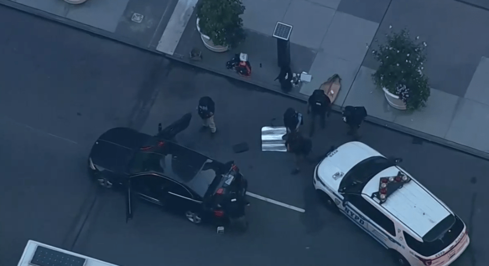Aerial view of a crime scene with police officers and a car.