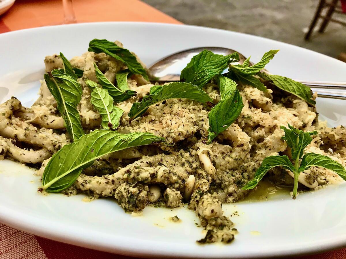 Pasta with wild mint pesto at Massimo Giavannini's Osteria La Vecchia Rota in the Italian town of Marciano della Chiana.