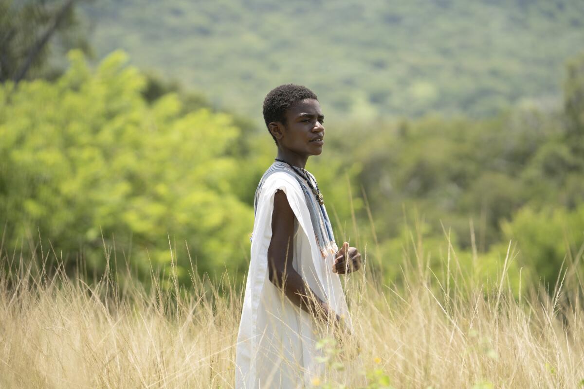 A boy in a white caftan stands in an overgrown field.