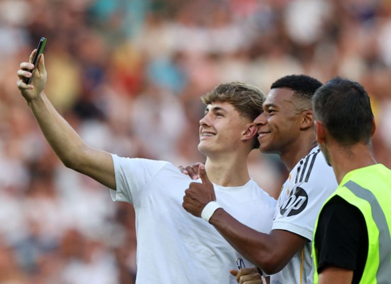 Kylian Mbappe reacts.