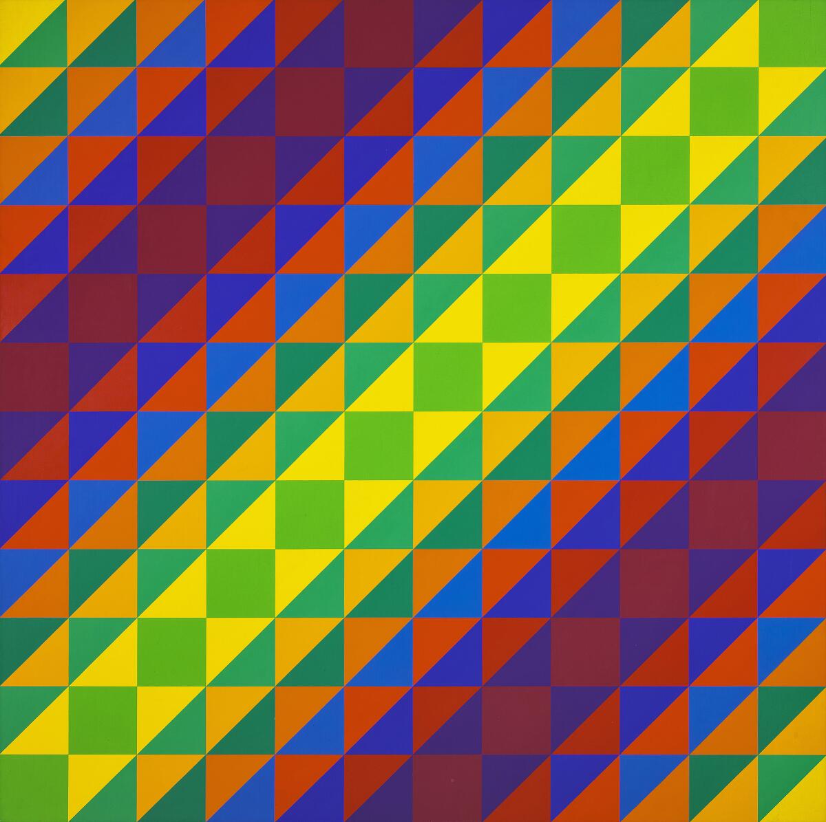 A painting featuring small colorful triangles in geometric patterns.