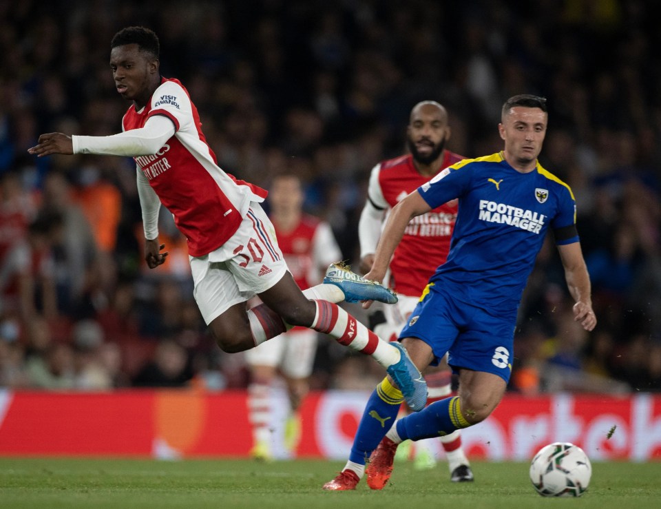 Arsenal v AFC Wimbledon, Carabao Cup Round 3 Pic Richard Pelham. 22.09.2021 Edward Nketiah of arsenal and Anthony Hartigan of AFC Wimbledon