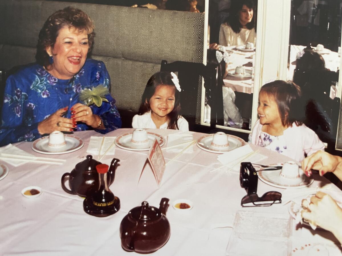Phyllis Harris with two granddaughters at a dim sum restaurant in Los Angeles.