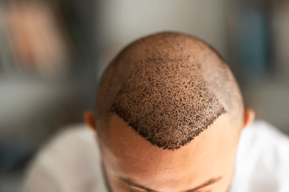 Close-up of a man's head showing hair transplant results.
