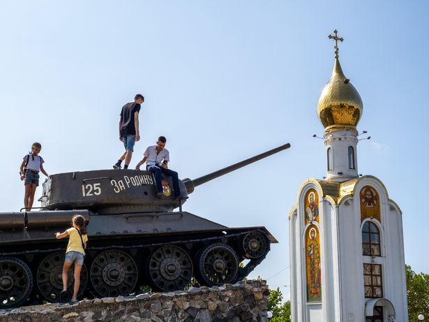 A decommissioned T-34 tank being used as a climbing frame in Tiraspol, the capital of Transnistria 