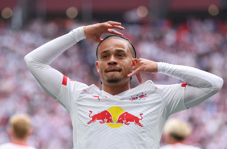 Xavi Simons of RB Leipzig celebrates scoring a goal.