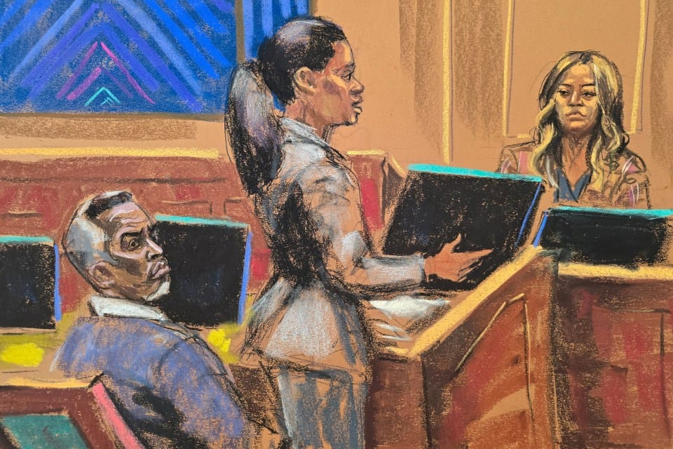 Courtroom sketch of a defense lawyer cross-examining a witness.
