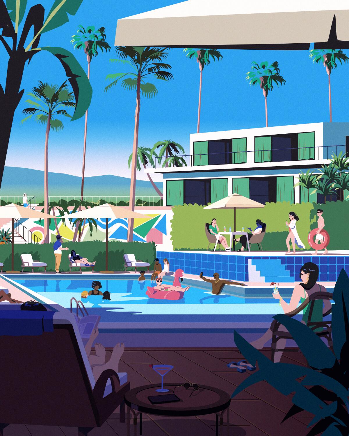 Illustration of people enjoying a hotel pool
