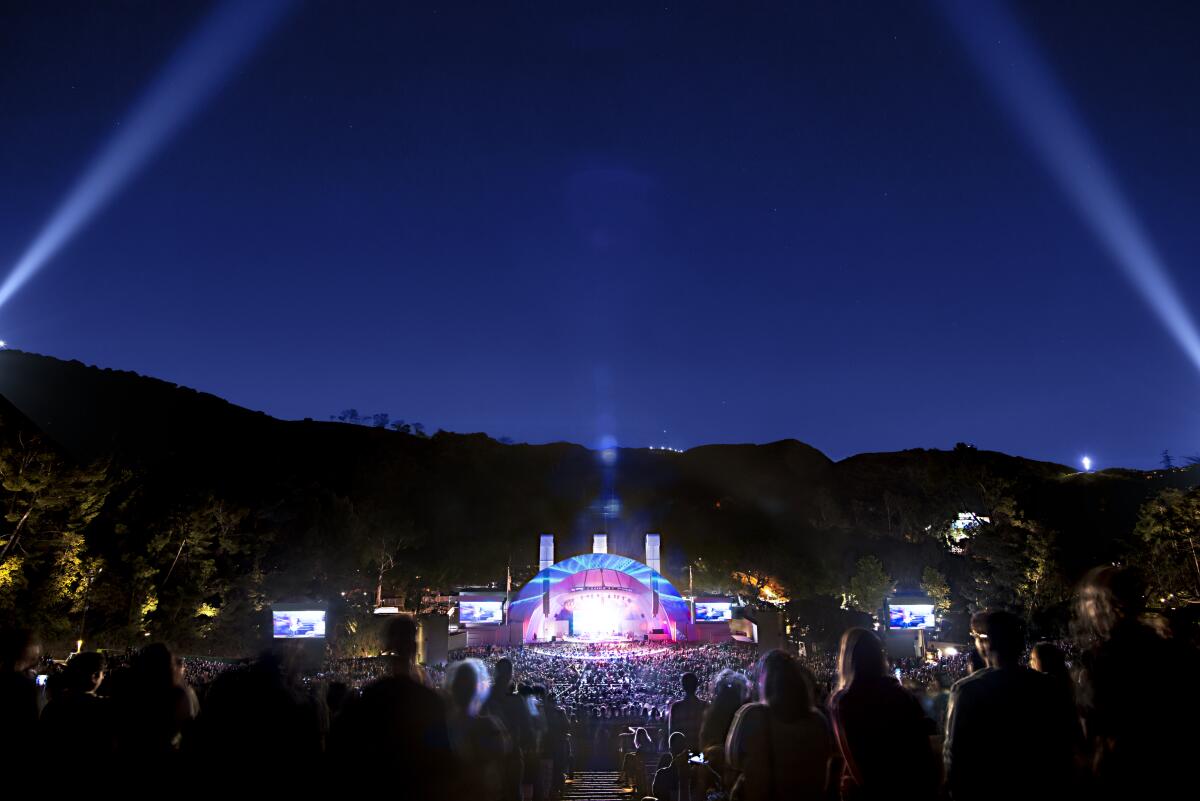 The Hollywood Bowl at night.