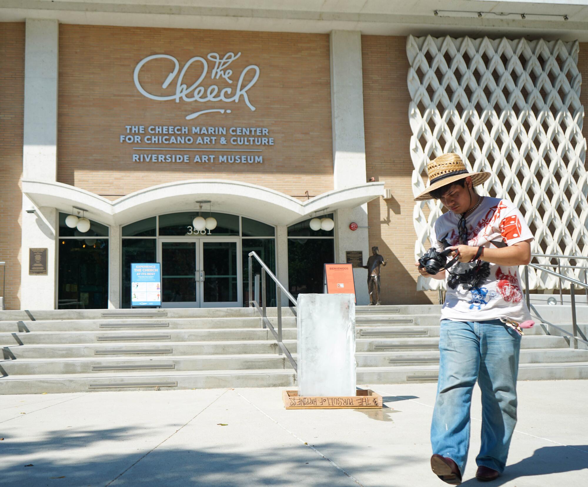 Perry Picasshoe stands in front of the Cheech Marin Center for Chicano Art & Culture in Riverside, Calif., on July 3, 2025.