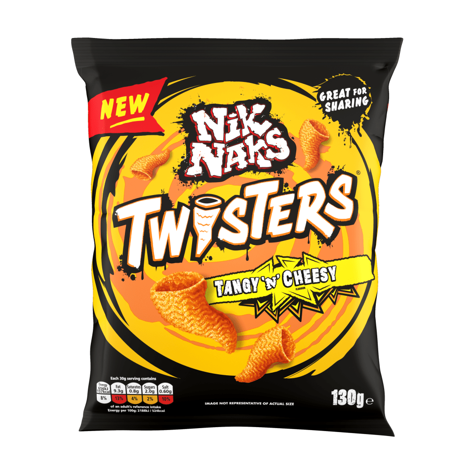 Bag of Nik Naks Twisters tangy and cheesy crisps.