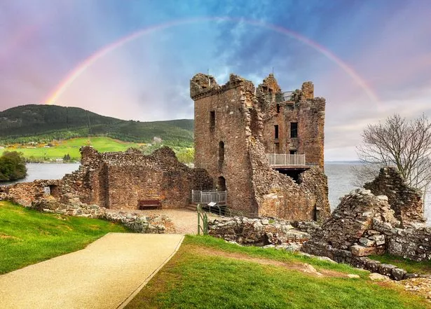 Scotland - ranobow over Urquhart castle, Loch Ness - UK