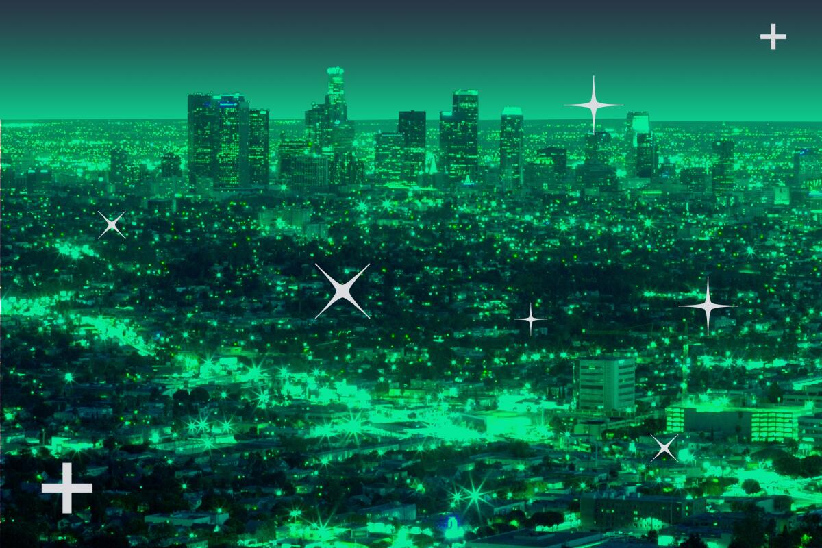 Photo illustration of Los Angeles cityscape in bright green lights with star graphics