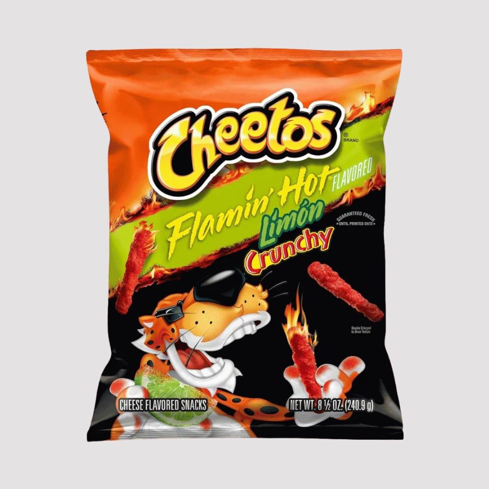 Bag of Cheetos Flamin' Hot Limon Crunchy cheese flavored snacks.