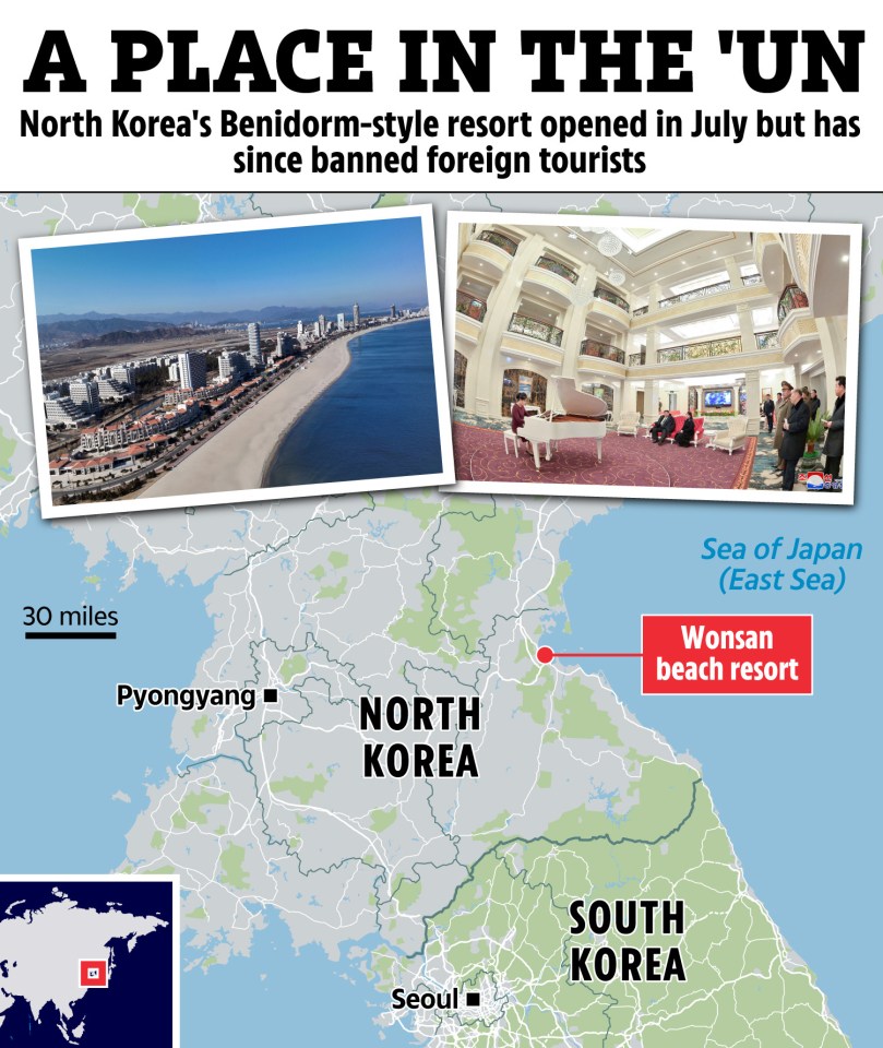 Map showing Wonsan beach resort in North Korea and photos of the resort.