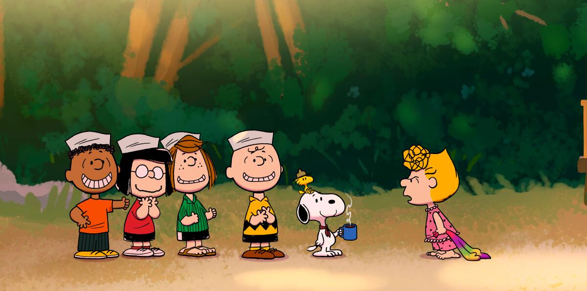Franklin, Marcie, Peppermint Patty, Charlie Brown, Snoopy, Woodstock and Sally in "Snoopy Presents: A Summer Musical."