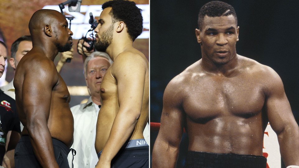 Two boxers facing off, alongside a photo of Mike Tyson.
