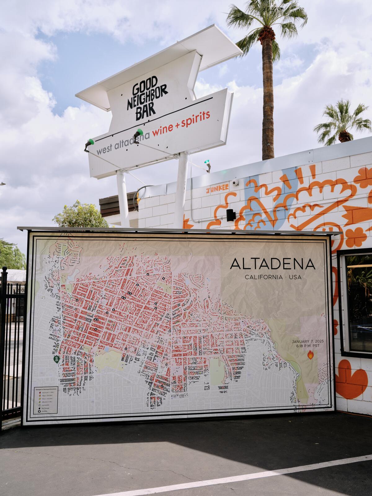 A map at Good Neighbor Bar and West Altadena Wine + Spirits displays damage in Altadena from the Eaton fire. 