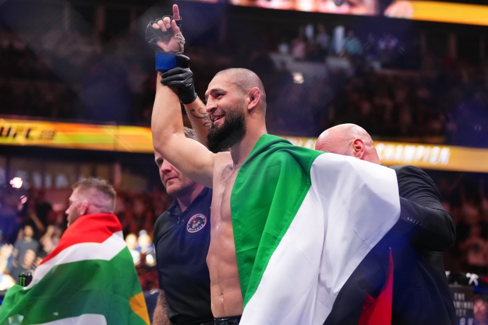 Khamzat Chimaev celebrates his UFC victory.