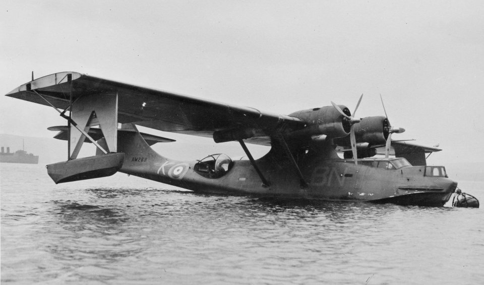 RAF Catalina flying boat on water.