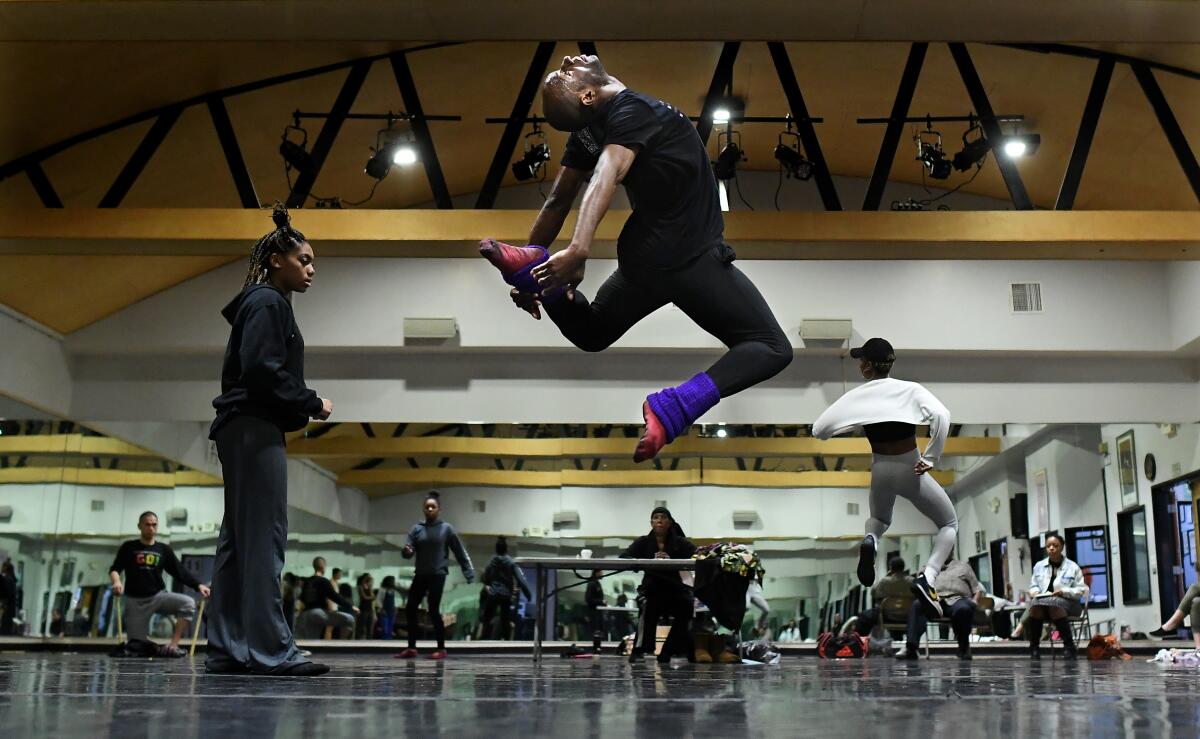 Dancer Michael Tomlin III, with the Lula Washington Dance Company, rehearses in Los Angeles in January 2020.