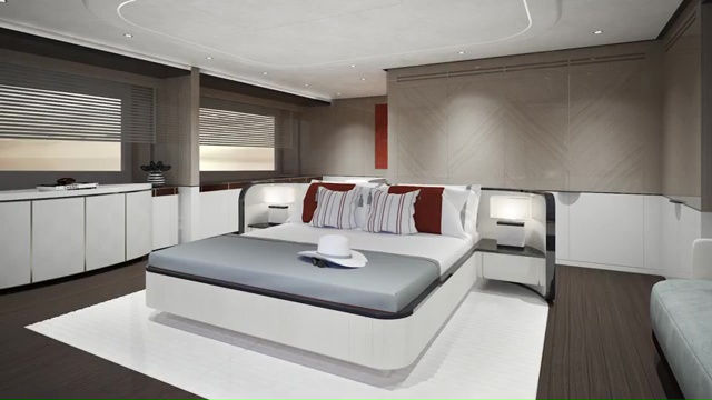 Master bedroom of a Mangusta Gransport 33 superyacht.