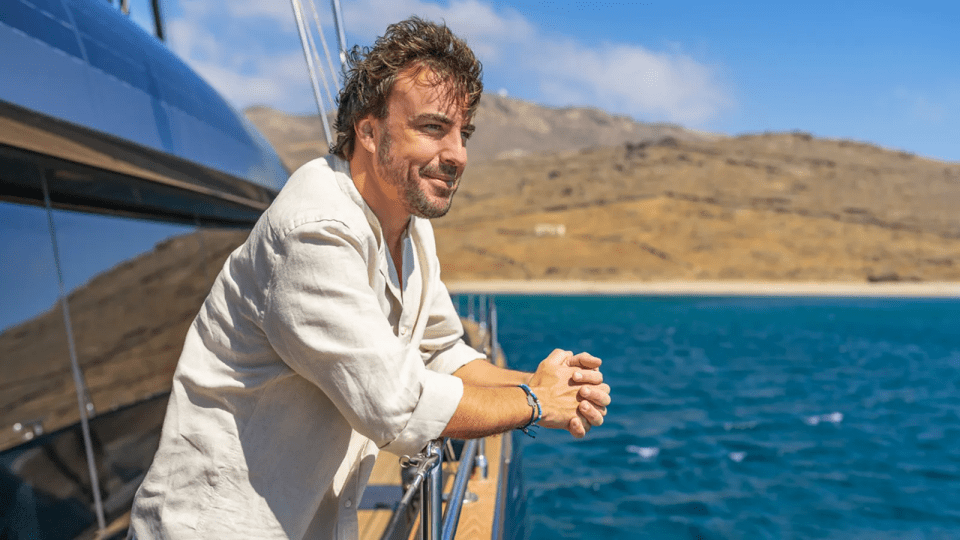 Fernando Alonso on his new electric Sunreef Power Eco yacht.