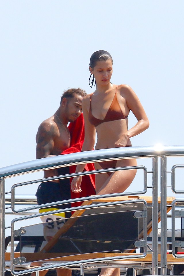 Lewis Hamilton and Bella Hadid on a yacht.