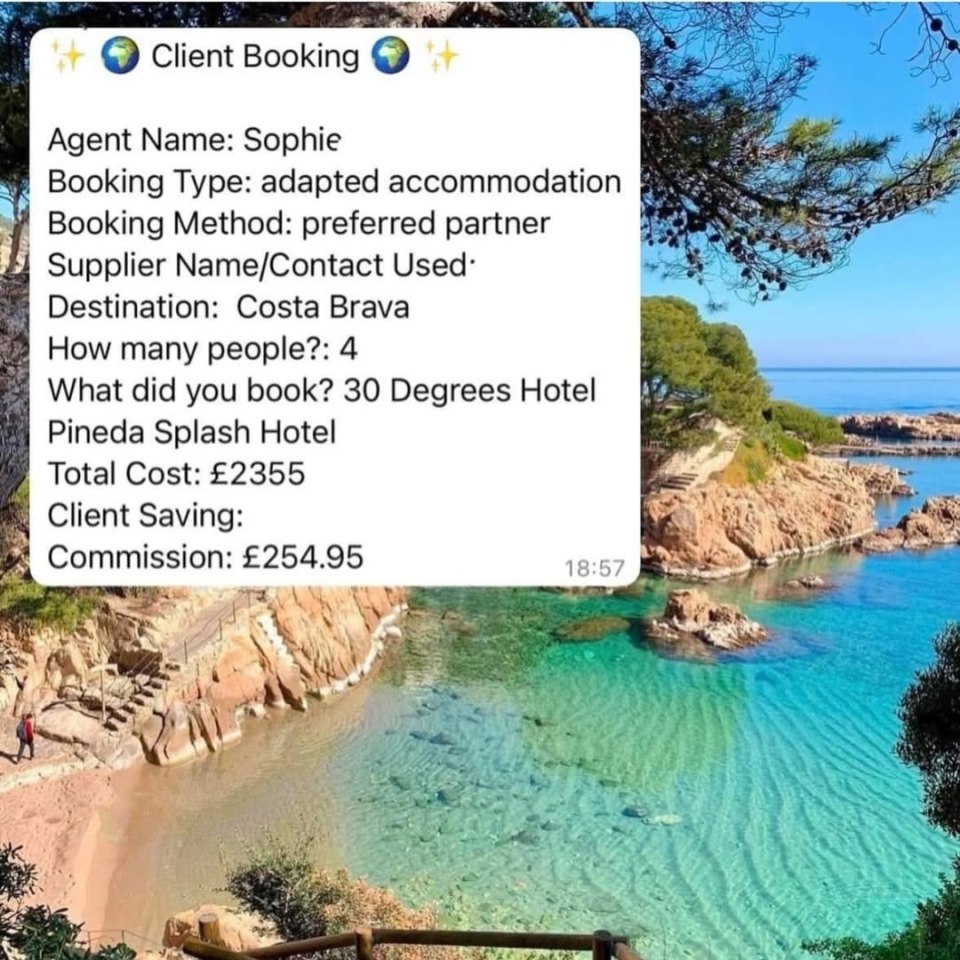 Screenshot of a client booking summary showing details including agent, destination, hotel, cost, savings, and commission.