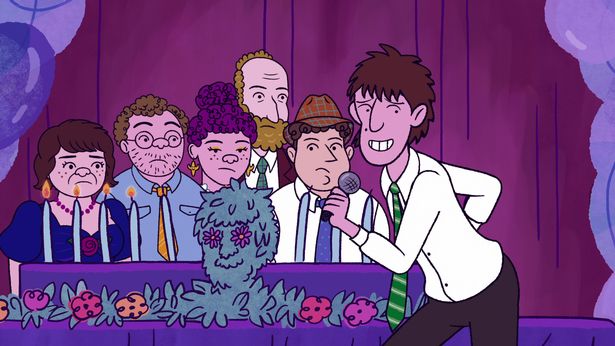 Lisa Edelstein as Naomi Schwartz, Ben Feldman as Avi Schwooper, Abbi Jacobson as Shira Schwooper, Paul Reiser as Elliot Cooper, Dave Franco as Danny and Max Greenfield as Yoshi Schwooper in Long Story Short