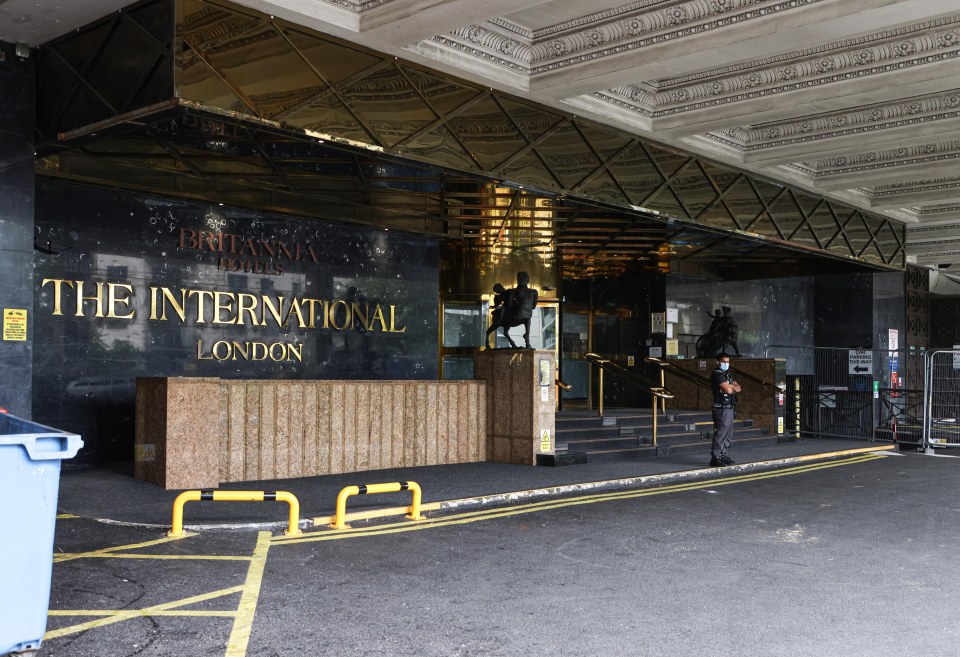 Security guard outside the Britannia International Hotel in London.