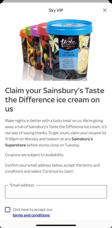 Coupon for free Sainsbury's Taste the Difference ice cream.