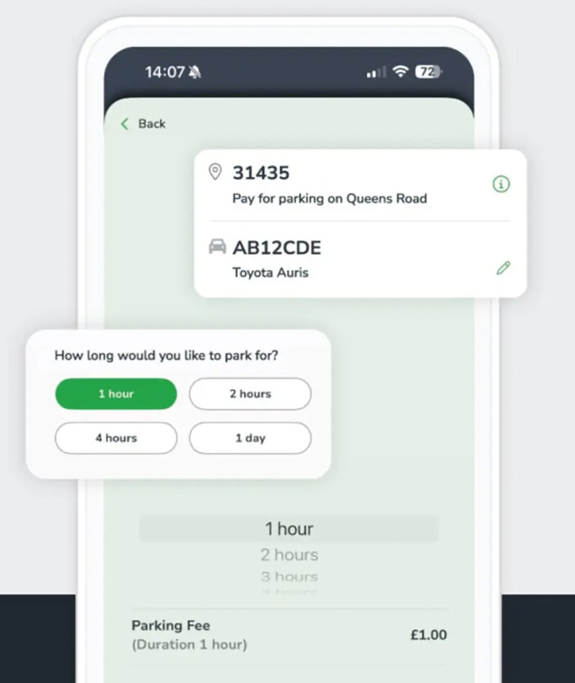 Smartphone screen showing parking payment app.