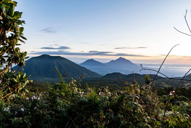 Mount Karisimbi, Musanze, Rwanda - while climbing Rwanda's tallest mountain the view of the iconic chain of volcanos that rests alongside this mountain look stunning in the mist and colors of an early sunrise.
