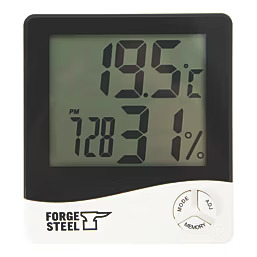 Forge Steel thermometer and hygrometer displaying temperature and humidity.