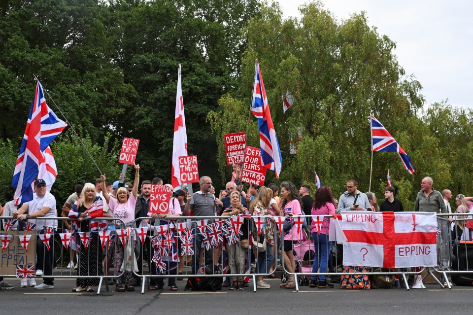 Anti-immigration protesters demonstrating in Epping, UK.