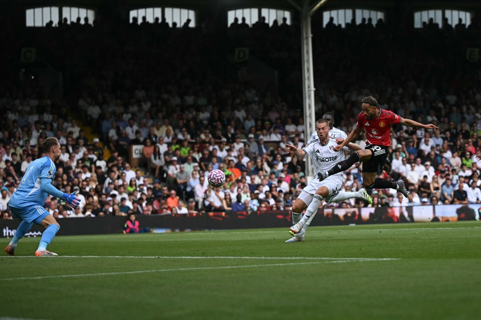 Manchester United's Matheus Cunha shoots during a soccer match.