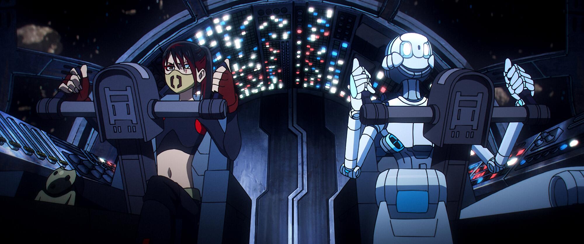 An animated still of a woman and a droid manning a spacecraft.