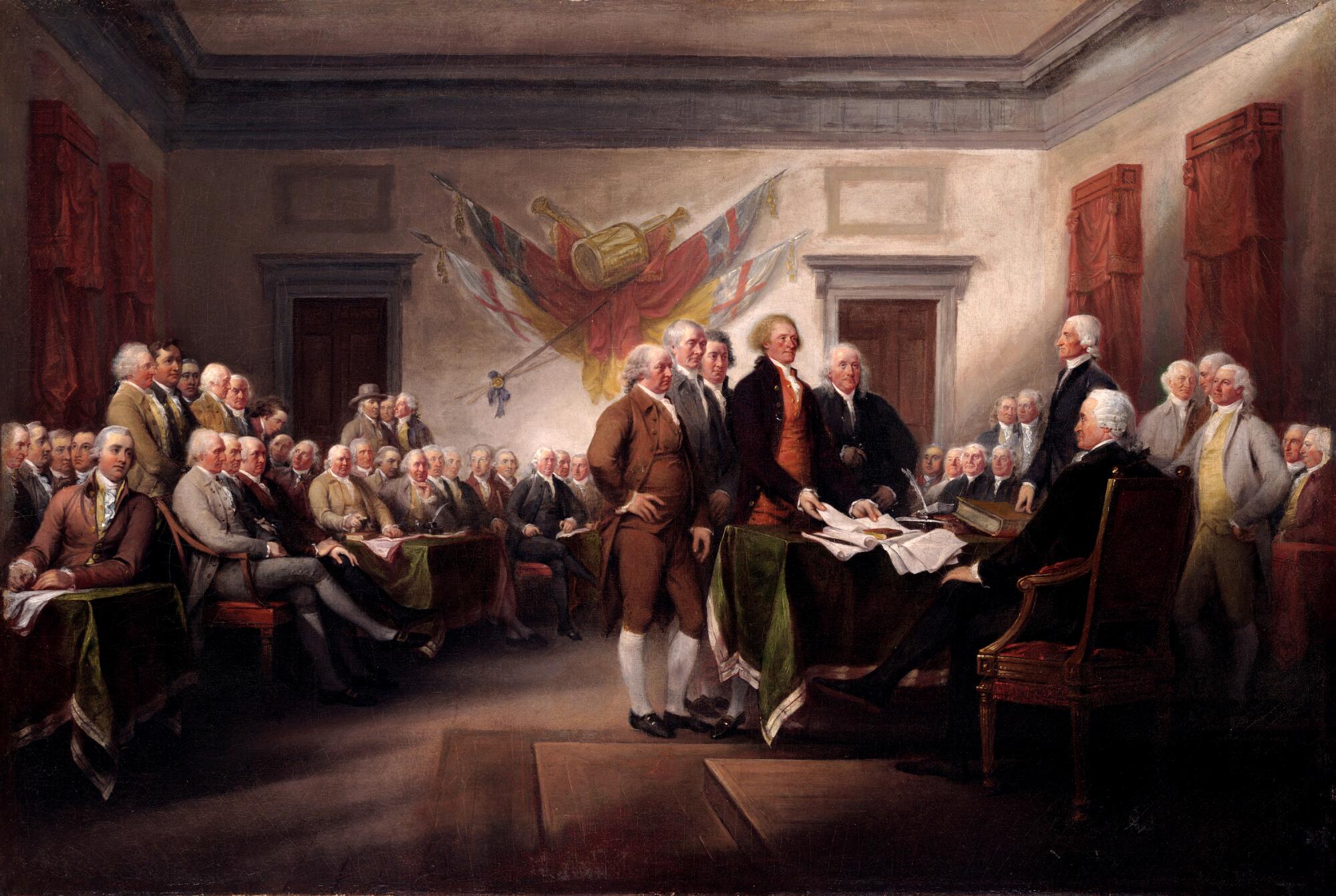 A painting of a men sitting in a gallery as several men stand around documents.