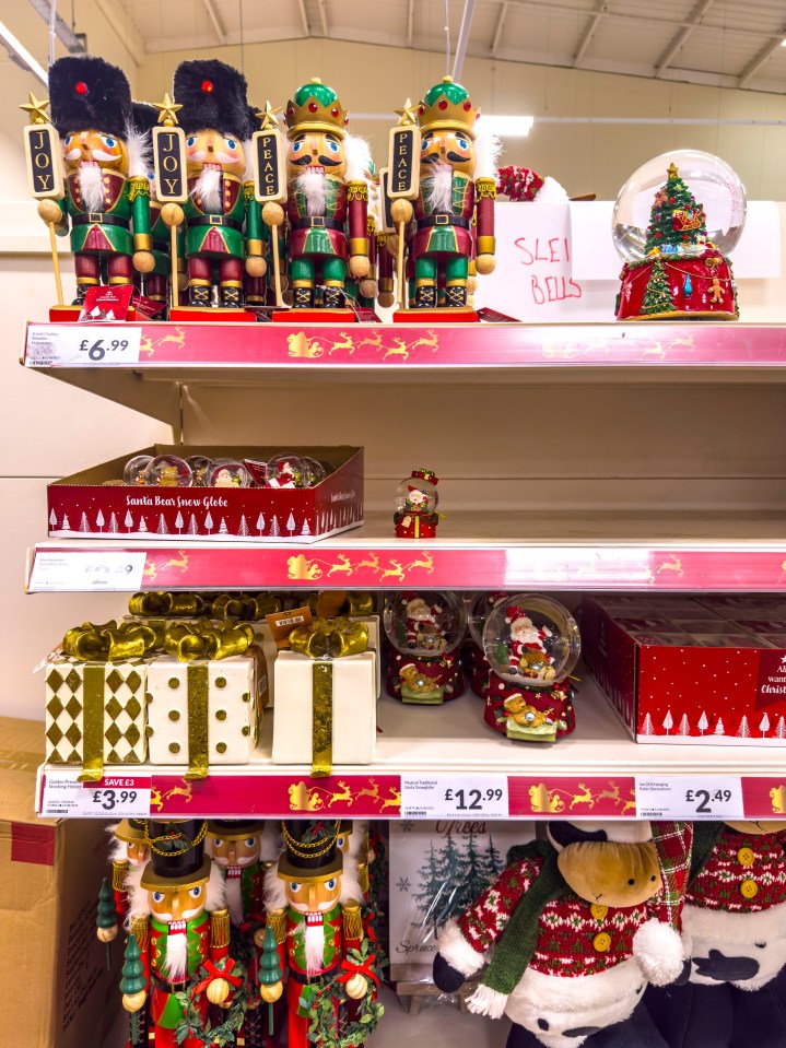 Christmas decorations on store shelves.