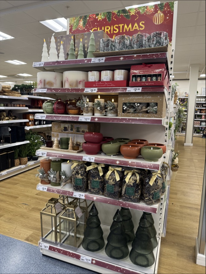 Christmas candles and decorations on display at The Range.