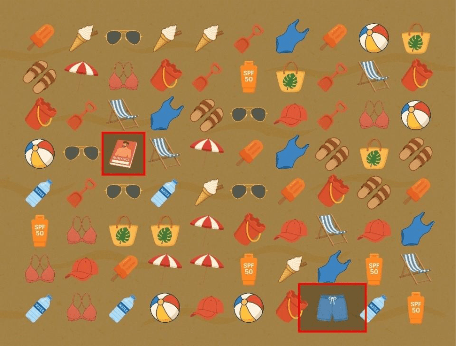 Illustration of a hidden object game featuring beach items; a book and swim trunks are highlighted.