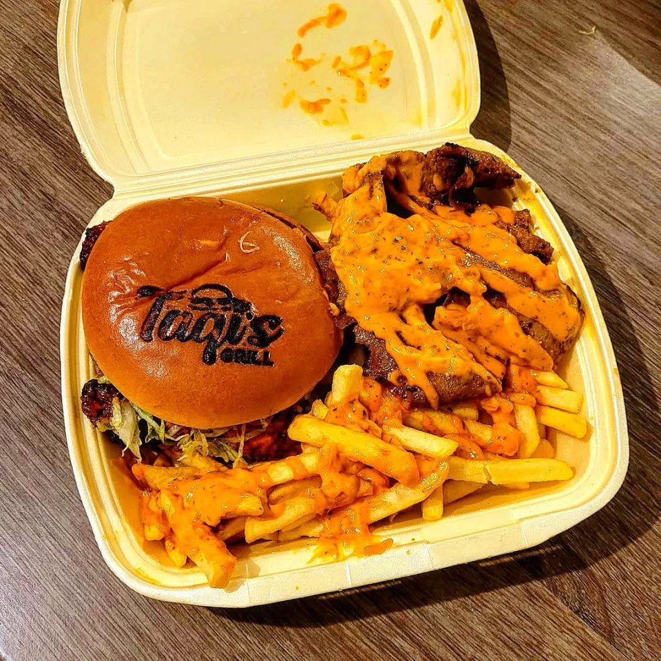 Burger, fries, and meat with sauce in a takeout container.