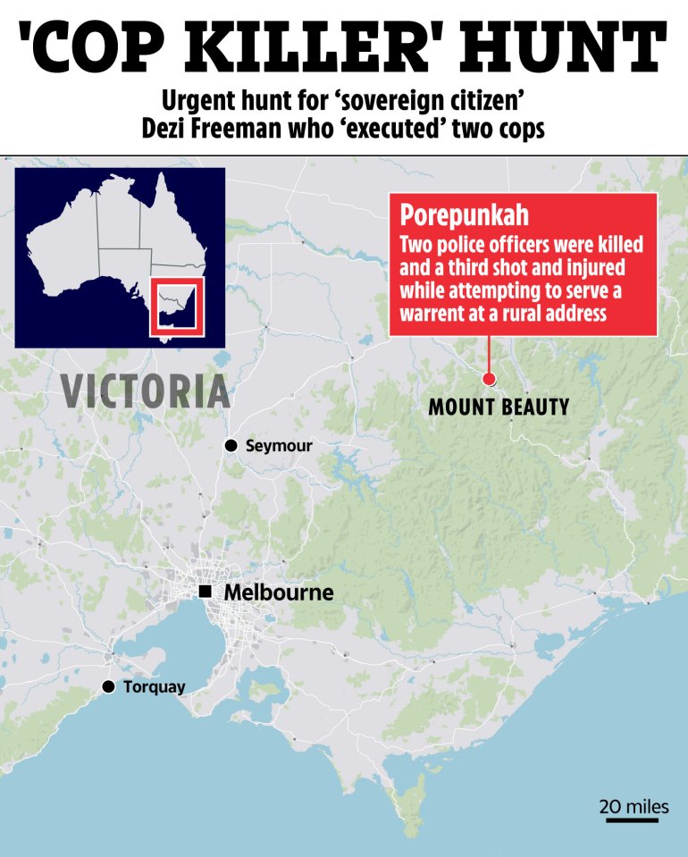 Map showing the location of Mount Beauty, Victoria, Australia, where two police officers were killed and one injured.