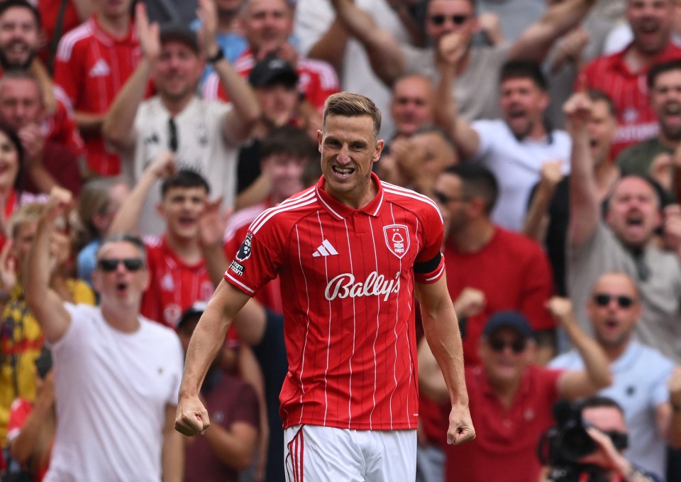 Chris Wood of Nottingham Forest celebrates scoring a goal.