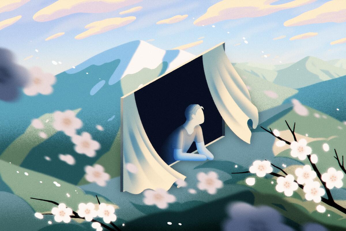 An illustrated man leans out of window surrounded by mountains and greenery.