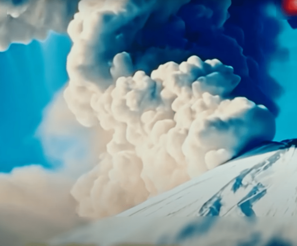 Volcanic eruption with ash cloud.