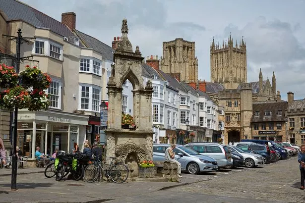 Market Place in the City of Wells with Wells cathedral in background