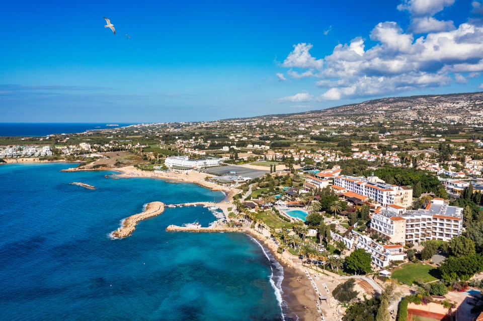 Aerial view of Coral Bay beach in Cyprus.